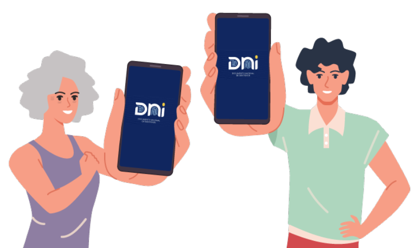 Ilustração de duas pessoas mostrando o celular com a tela aparecendo 'DNI'