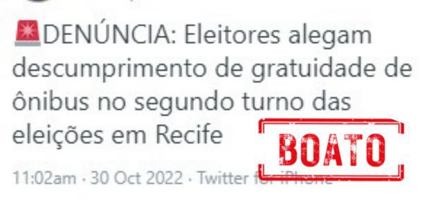 É falso que houve cobrança de passagem de ônibus no domingo (30) em Recife (PE)