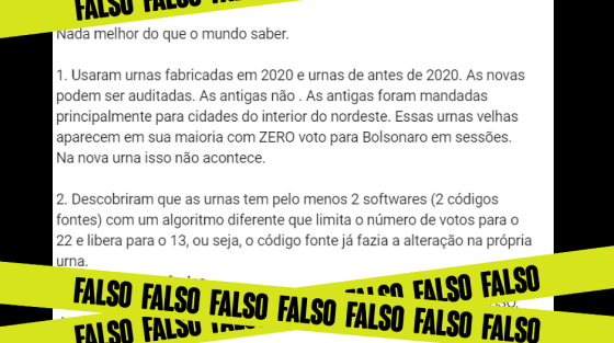 Texto mente ao afirmar que urnas possuem dois códigos-fonte distintos e que houve fraude nas eleições