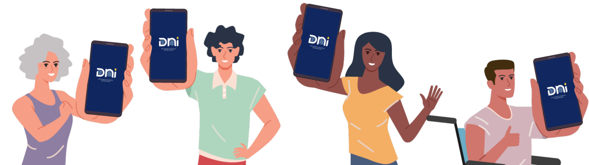 Ilustração de um grupo com quatro pessoas mostrando o celular com a tela aparecendo 'DNI'