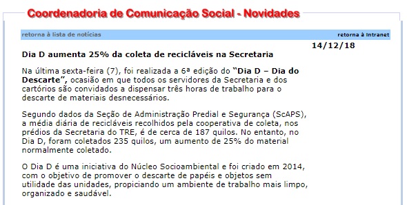 TRE-SP - Publicação na intranet de informativo sobre o Dia D de Coleta de Recicláveis