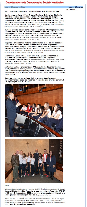 TRE-SP - Publicação na intranet de informativo sobre Visita aos Alunos do Mackenzie no TRE