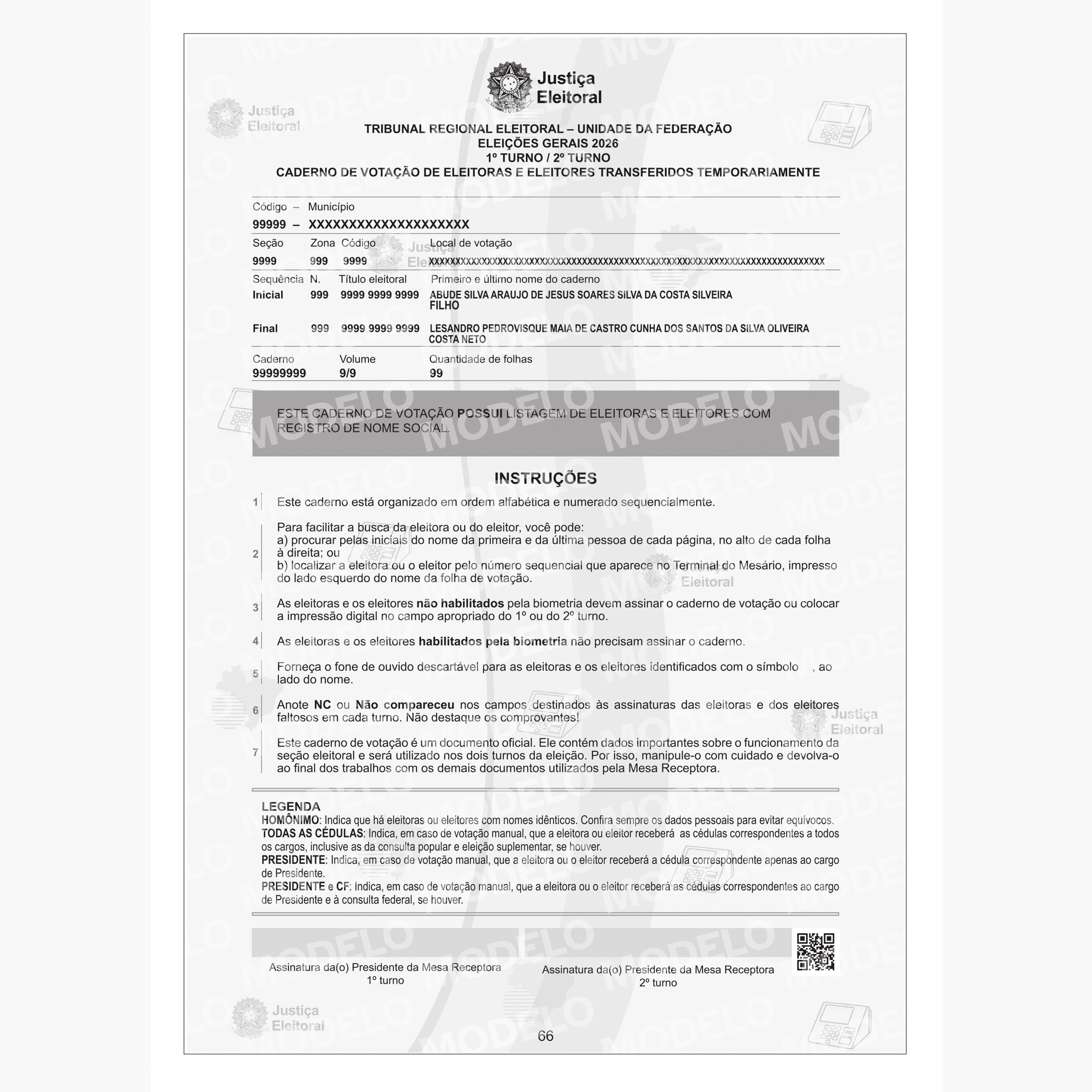 Capa do Caderno de Votação de Eleitoras e Eleitores Transferidos Temporariamente das Eleições Gerais de 2026, com dados de identificação, instruções para mesárias e mesários e campos de assinatura.