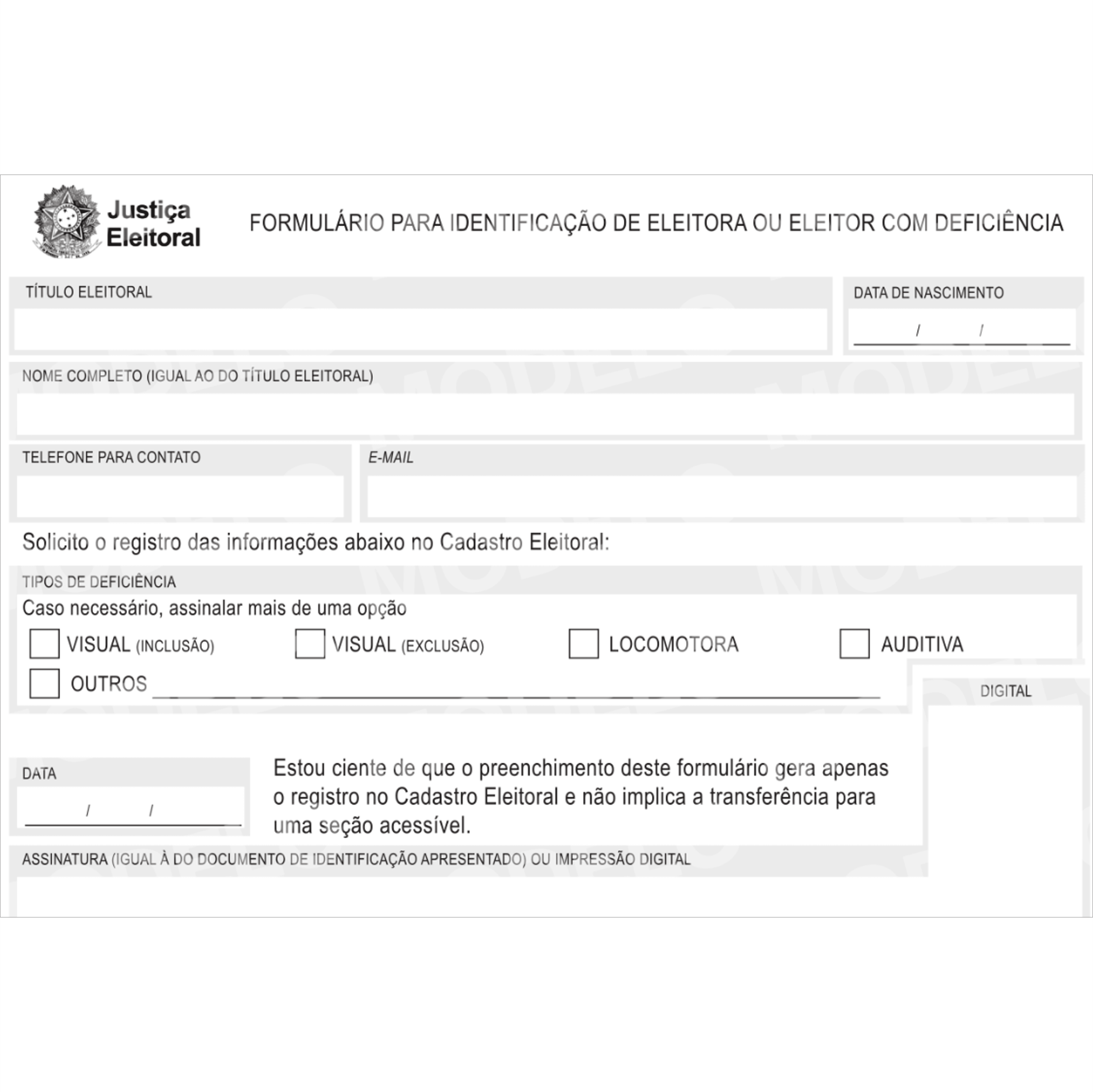 Formulário para Identificação de Eleitora ou Eleitor com Deficiência