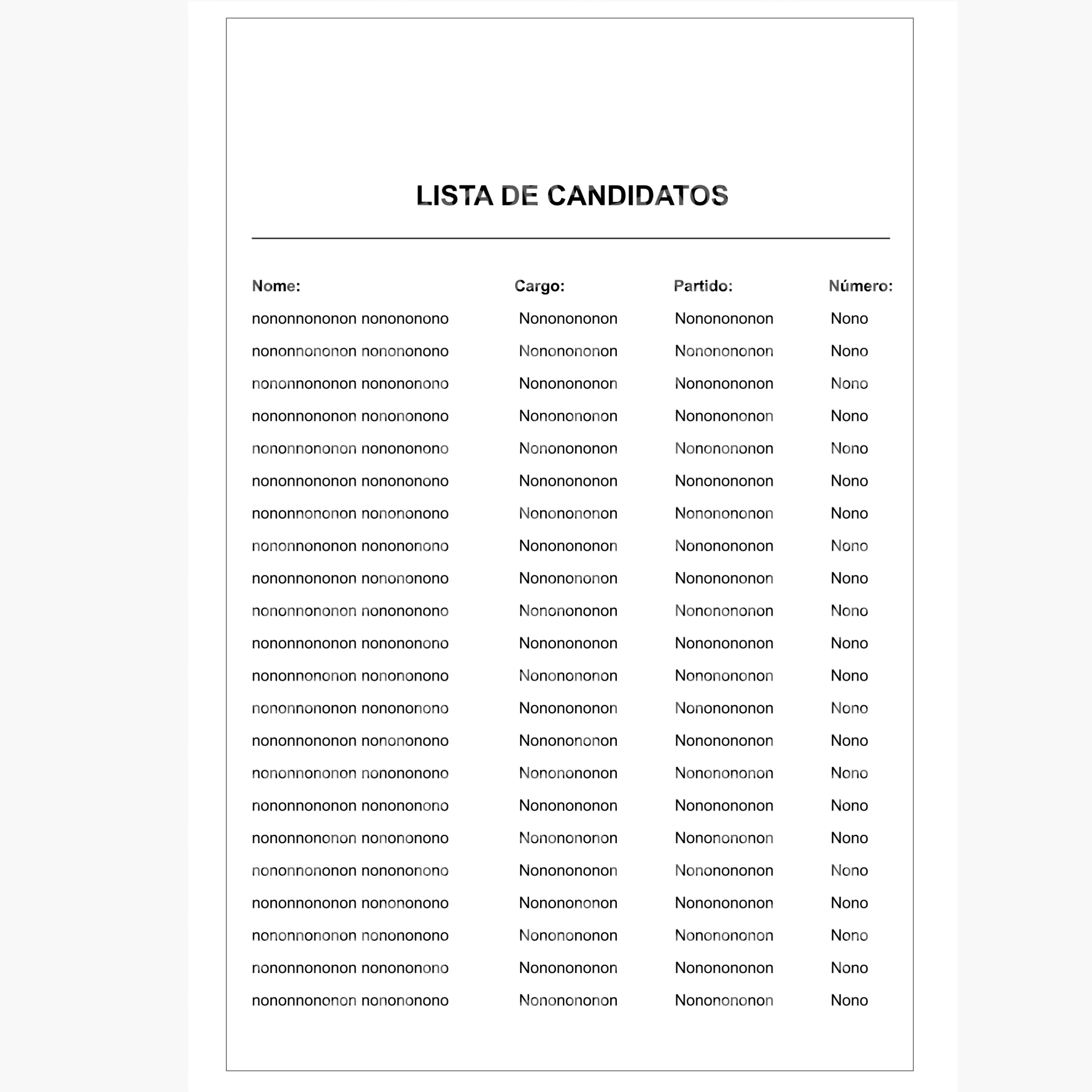 Modelo de Lista de Candidatos, com colunas para nome, cargo, partido e número.