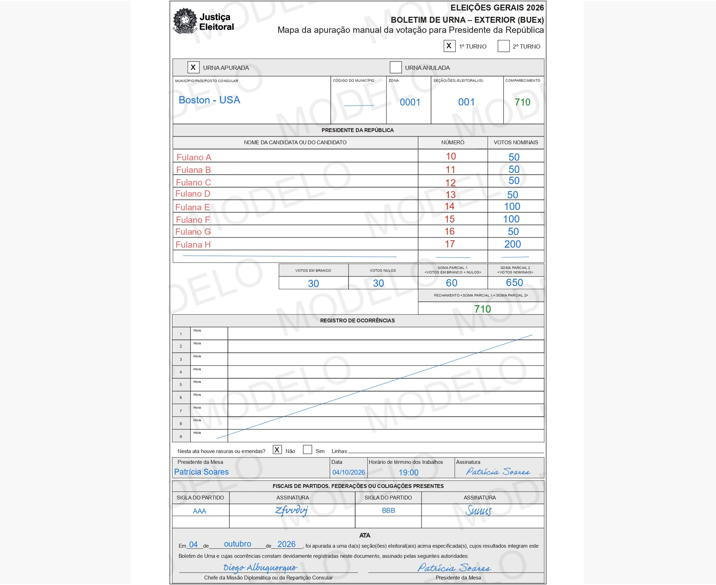 Modelo preenchido do Boletim de Urna - Exterior (BUEx) para a apuração manual da votação.